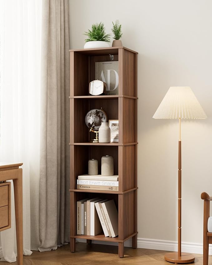 Bookshelf, Modern 4-Tier Bookcase, Open Storage Book Shelf, 11 × 14.2 × 50.4 Inches, Small Narrow Bookshelves for Living Room, Home Office, Bedroom, Walnut