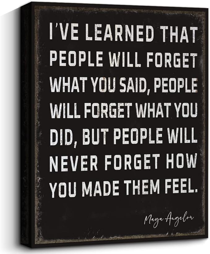 WOWGOOMO Retro Inspirational Canvas Wall Art Maya Angelou Quotes I've Learned That People Will Never Forget How You Made Them Feel Motivational Positive Painting Wall Decor for Home Office Framed Gift