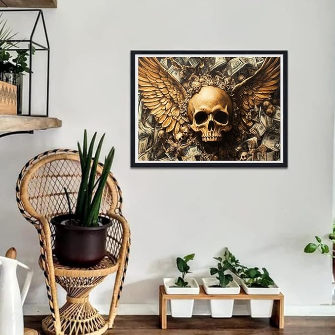 Dollar Wall Art Skull Wings Money Posters Wall Decor Dark Gothic Mysticism Style Canvas Print Artwork for Office Living Room Decor Ready to Hang 12X16inch