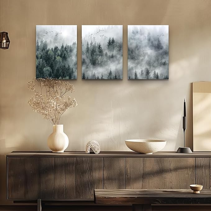 MHARTK66 Canvas Wall Art for Living Room - Modern Decorations for Bedroom, Foggy Forest Trees Landscape Painting - Office Decor Ready to Hang, Framed Pictures, 12x16 3 Panels