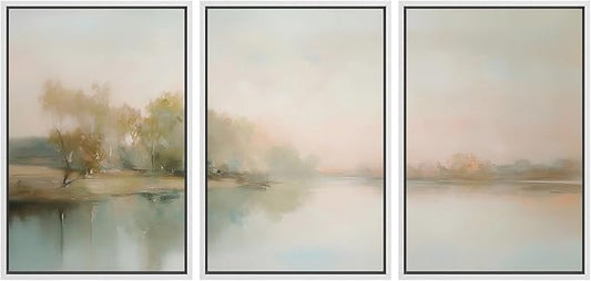 MUDECOR Framed Wall Art Print Set Soft Pastel Landscape Serene Waters and Reflections Illustrations Modern Art Boho Decorative Colorful Chic for Living Room, Bedroom, Office - 24"x36"x3 White