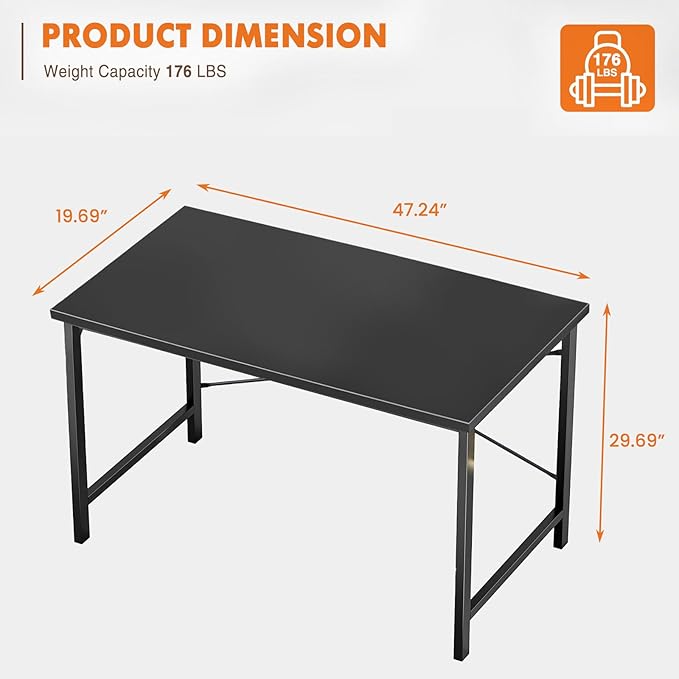 Sweetcrispy Small Computer Desk,47 Inch Office Writing Work Desk with Metal Frame Wooden Tabletop, Student Study Home Bedroom Table with X-Shaped Reinforcement, Black