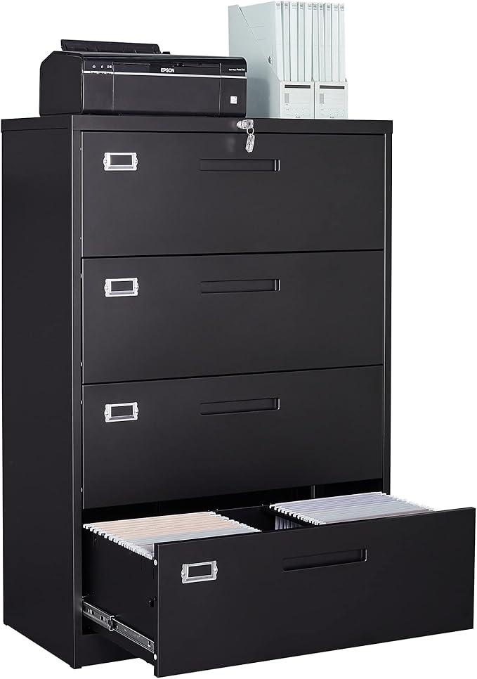 4 Drawer Lateral File Cabinet with Lock, Metal Filing Cabinets for Home Office, Wide Locking File Caninets, Black Office Storage Cabnet for Hanging Letter/Legal / A4 / F4 - Assembly Required
