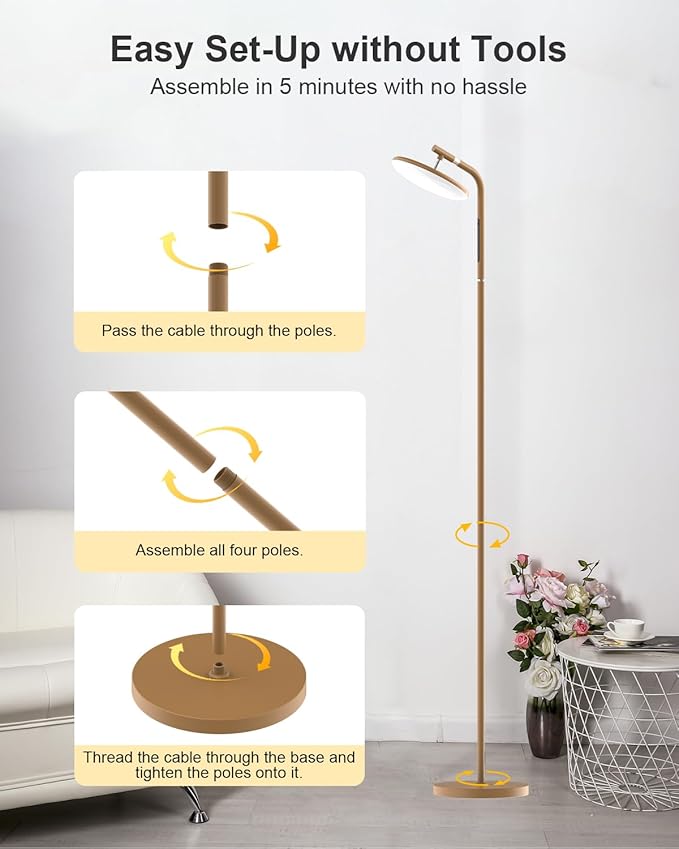 LED Floor Lamp, 36W Super Bright Standing Lamp with Remote & Touch Control, 69" Stepless Dimmable Torchiere Tall Lamp, 350° Rotating Head Floor Lamp for Bedroom, Living Room, Office, Brown