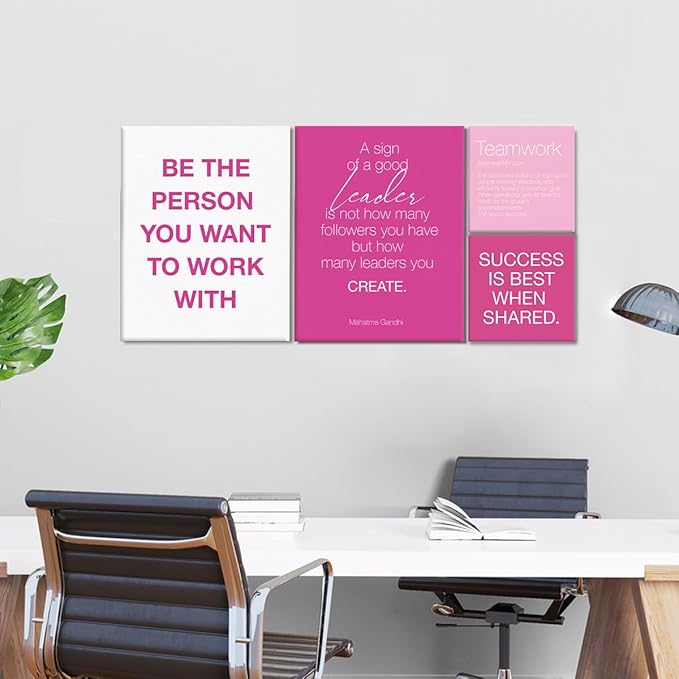 YEOION Inspirational Office Wall Art for Women,Motivational Teamwork Wall Decor for Office,Pink Postive Quote Workplace Canvas Wall Art for Set of 6