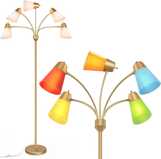 FOLKSMATE LED Floor Lamp, Medusa Multi Head Modern Tall Standing Lamps, Adjustable Corner Reading Floor Light for Living Room, Bedroom, Kids Room, White and Colored Lampshades, Brass Gold
