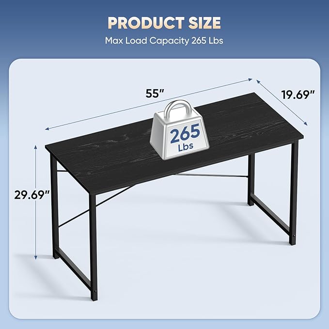 DUMOS 55 Inch Small Computer Desk for Home Office, Modern Study Work Table Simple Style for Bedroom, WritInchg Desks with X-Shaped ReInchforcement, Black