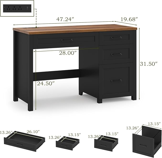 Farmhouse 47" Executive Desk with 4 Drawers, Computer Desk with File Drawer and Charging Station, Workstation for Home Office, Study.Black Brown