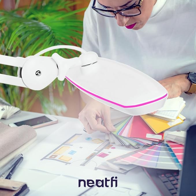 Neatfi XL 2,200 Lumens 24W LED Desk Lamp – 23” Wide Shade | Dimmable Eye-Caring Task Light | Adjustable Arm | Home Office, Study, Crafts & Nail Tech (White with Pink Ring, Non-CCT with Clamp)