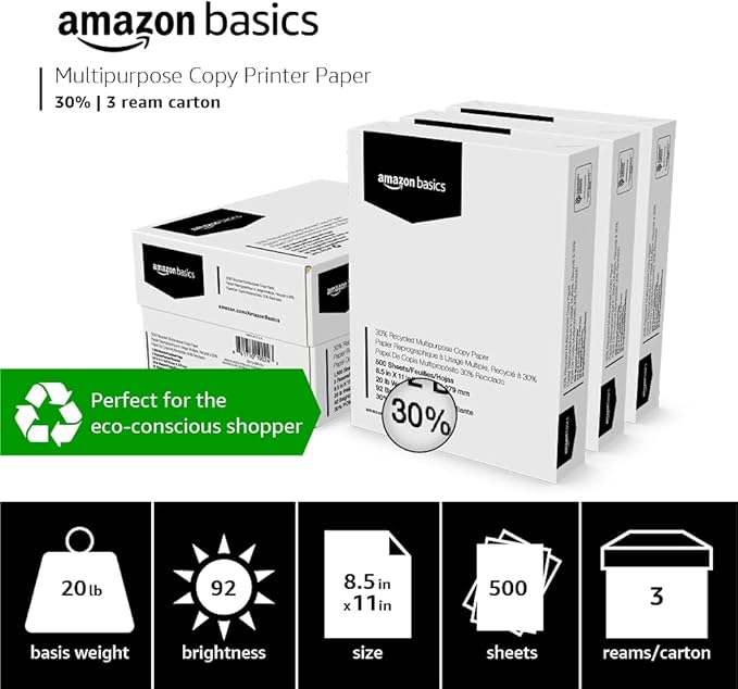 Amazon Basics 30% Recycled Multipurpose Copy & Print Paper, 8.5 x 11 Inches, 20 lb Weight, 92 Bright, White, FSC Certified, 1500 Sheets (3 Reams)