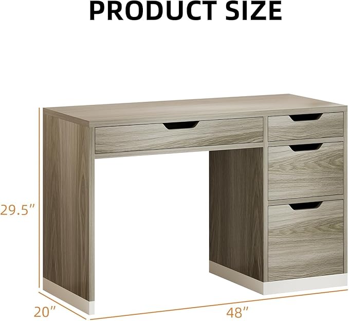 Small Computer Desk with Drawers, 48 Inch Home Office Desk with Storage for Bedroom, Wood Writing Study Desk for Small Space, Walnut