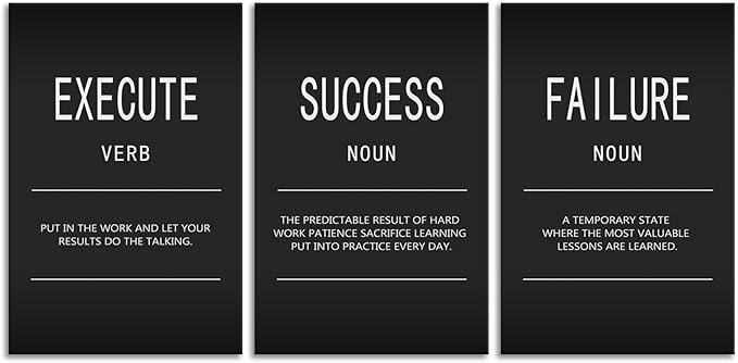 Inspirational Office Wall Decor 3 Piece Motivational Wall Art Execute Verb Wall Painting Picture Quote Success Failure Noun Posters Prints Black Canvas Artwork School Home Framed [48" W X 24" H]