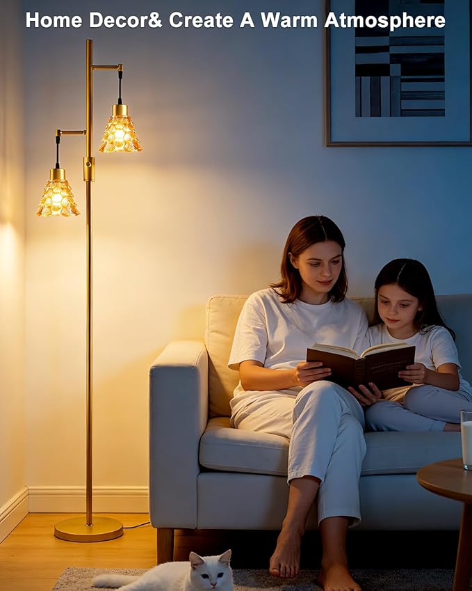 Lightdot 65IN Glass Floor Lamp for Living Room, 2- Light Gold Floor Lamps with Brown Glass Shade& 3000K Warm White Bulbs, Modern Standing Tall Lamp for Bedroom/Corner Beside/Home Decor