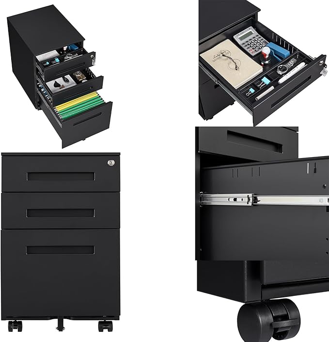3-Drawer Mobile File Cabinets Rolling Metal Filing Cabinet for Legal & Letter File Anti-tilt Design with Lock Under Desk Office Drawers Fully Assembled Except Casters (Matt Black)