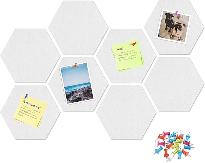 8 Pack Hexagon Felt Bulletin Board Tiles - 11.8" Large Thick Pin Board for Walls with 30 Push Pins, DIY Boards for Office Home School Decor, Aesthetic Hex Cork Board Alternative