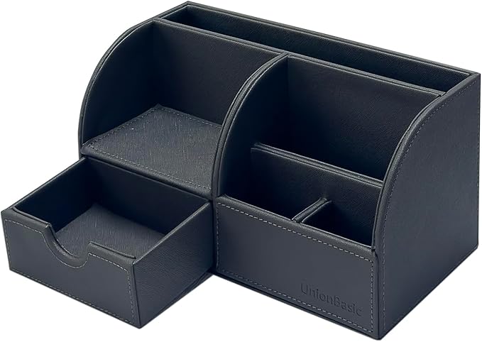 UnionBasic Desk Organizer - Multifunctional Leather Desktop Pen Holder Storage Box - Business Card/Pen/Pencil/Mobile Phone/Stationery Holder, Taiga Dark Gray