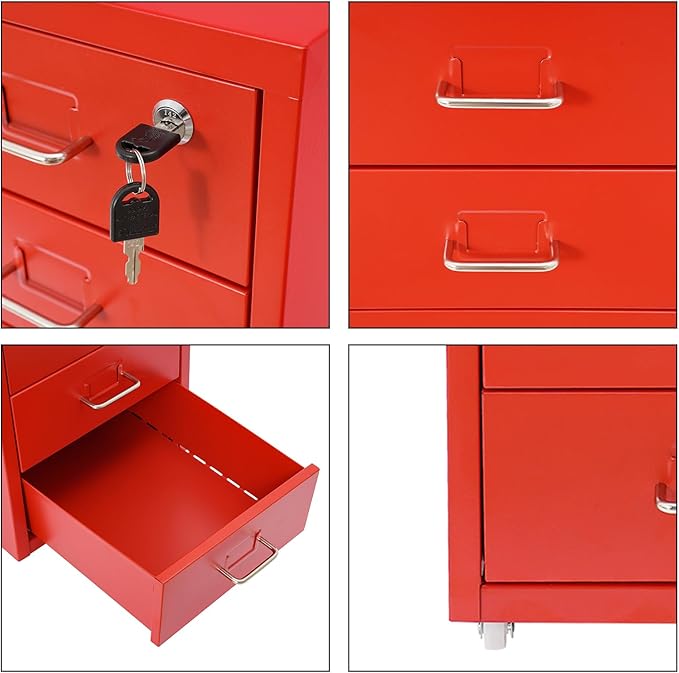 Vertical File Cabinets | 6 Drawer File Cabinet with Lock | Steel Lockable Storage Cabinets | Metal S-torage Cabinet for Home Office | storage A4/F4/Letter/Legal | With 4 Wheels | 2X Keys (Red)