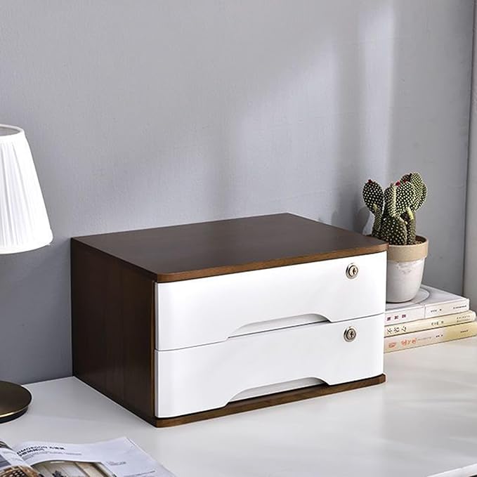 2 Drawers Wooden Desktop Storage Box,Small File Cabinet with Locks,Office Supplies A4 Filing Organizer for School,Classroom,Walnut,White