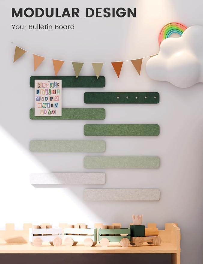 Cork Board Alternative Felt Strip Board 8-Pack 13"x2", Office Pin Board with 50 Push Pins, Adhesive Install for Bedroom Door & Home Office(Sagewood)