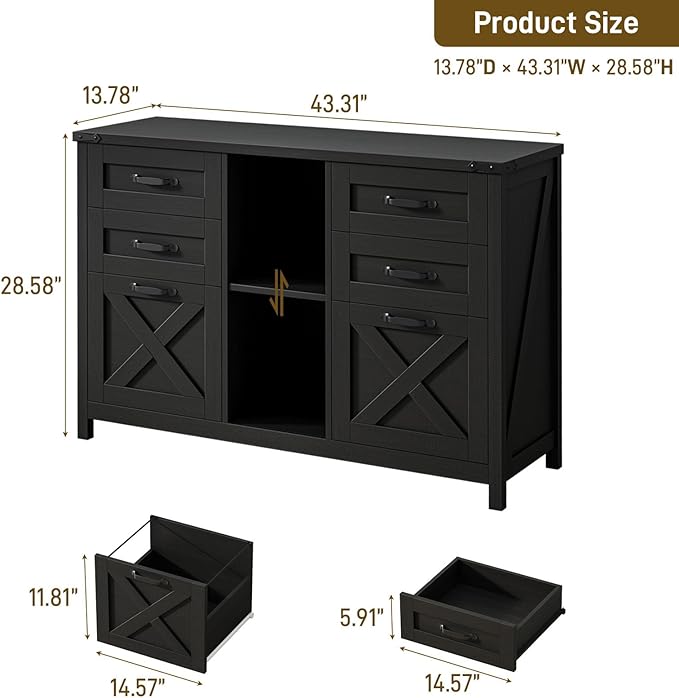 Farmhouse Lateral Filing Cabinet, Lateral File Cabinet with 6 Drawers and Adjustable Shelf, Large Printer Stand with 2 File Drawers for Letter/A4 Size Hanging Files for Home Office, Rustic Black