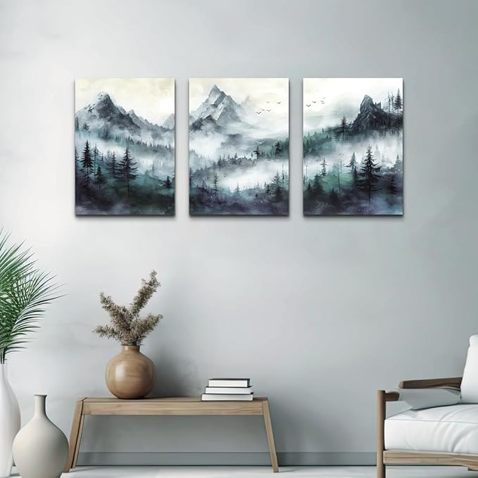 TTHYUEWS Canvas Wall Decor For Bedroom & Living Room - Modern Office Decoration - Misty & Fog Mountain Forest Wall Painting Landscape - 3 Piece, 16"X24"