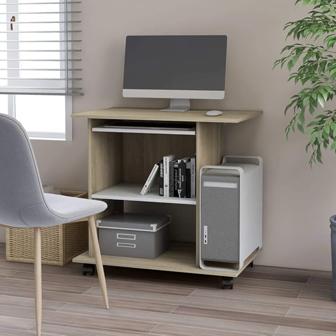 Modern Computer Desk with 4 Castors, Home Office Desk Writing Study Table PC Desk Workstation for Bedroom, White and Sonoma Oak 31.5"x19.7"x29.5" Engineered Wood(K)