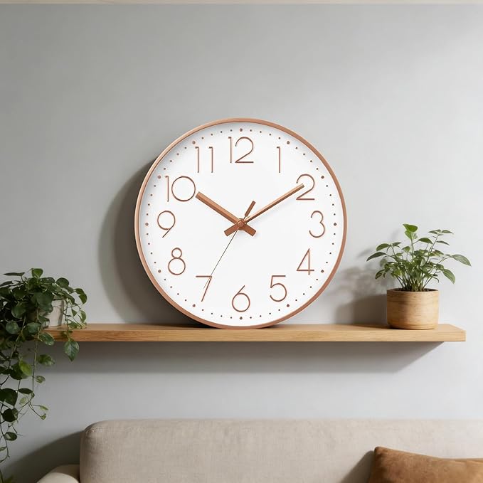 Wall Clock - 14 Inch Silent Non-Ticking Modern 3D Wall Clocks Battery Operated - Decorative Clock for Kitchen, Home Office, Bathroom, Bedroom, Living Room(Rose Gold)