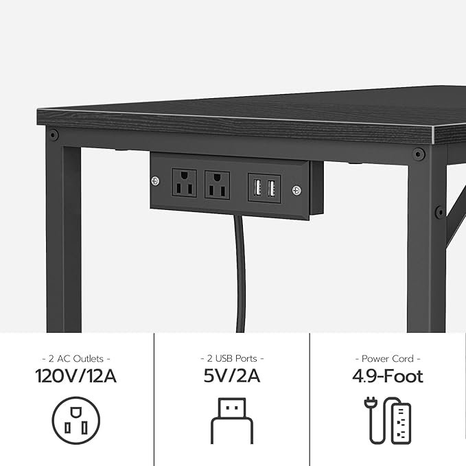 HOOBRO Computer Desk, Home Office Desk with Power Outlet, Modern Study Writing Desk with 3 Hooks for Study Room, Home Office, Sturdy and Stable, Easy to Assemble, Black BB40UDN01
