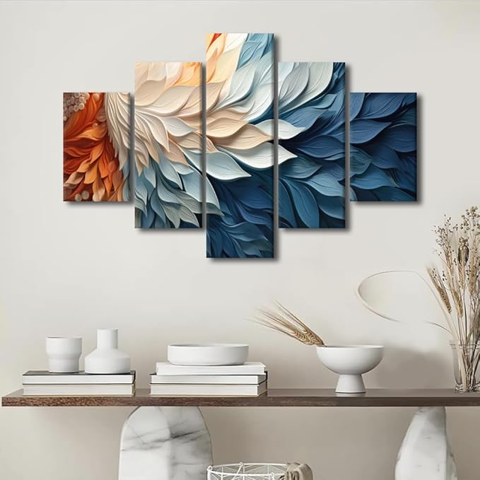 Canvas Wall Art Decor for Home Modern Living Room Bedroom Wall Art Abstract Canvas Wall Art 5 Panel Feather Poster Prints for Men Lady House Wall Decor Stretched and Framed Ready to Hang 60x40 in