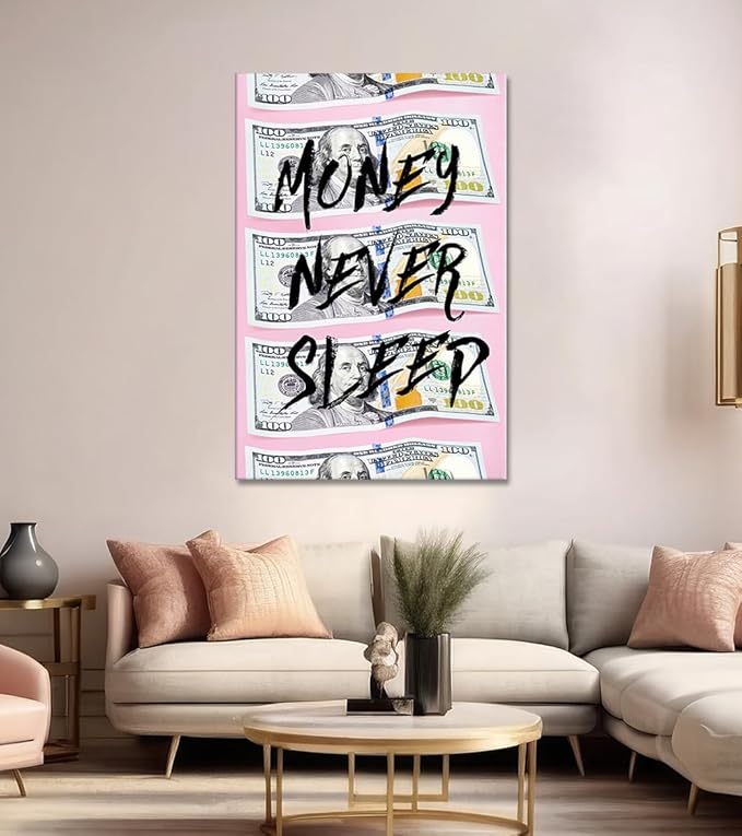 Money Never Sleep Wall Art - Modern Pink Background with Dollar Bill Prints Inspirtaional Quote Poster Motivational Wall Decor for Office Home Bedroom Living Room, Framed Large 28"x44"