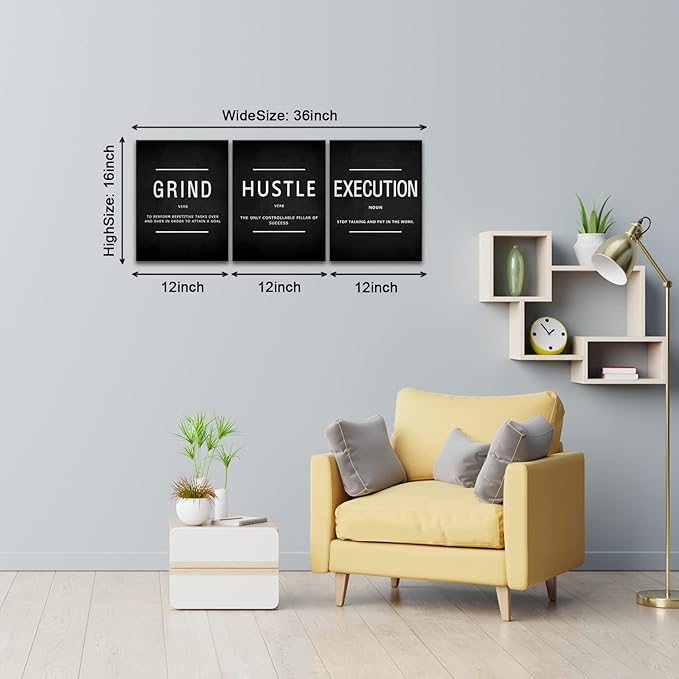 BWSPACE Motivational Wall Decor Grind Hustle Execution Wall Art Office Wall Decor Posters for Men 3 Pieces Framed Canvas Wall Prints Artwork Home Gym Bedroom Ready to Hang
