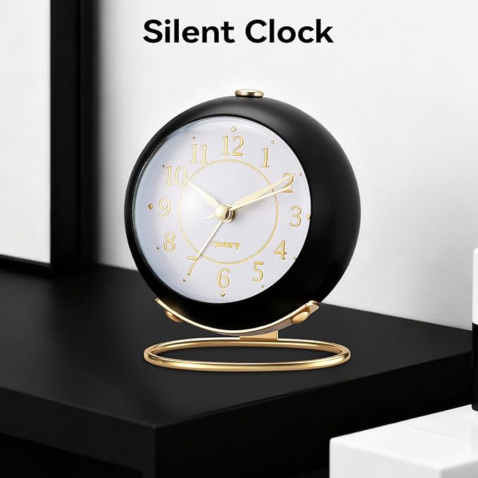 Metal Desk Alarm Clock, Retro Bedroom Table Vintage Analog Silent Non-Ticking Gold Alarm Clock, Bedside Decor(Black)