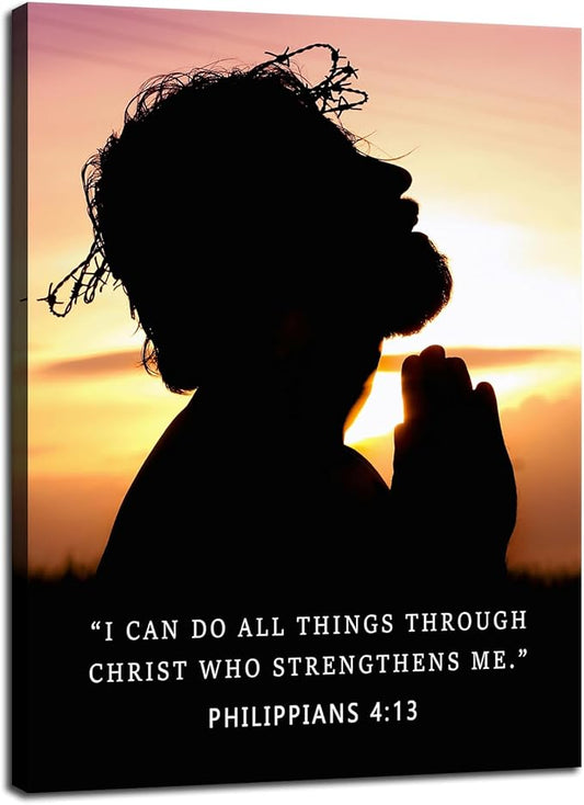 Motivational Wall Decor Philippians 4:13 Bible Verse Poster“I Can Do All Things Through Christ”Jesus Silhouette with Crown of Thorns Inspirational Quote Canvas for Church Home Indoor [18" W X 24" H]