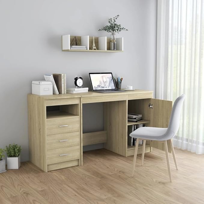 Modern Writing Computer Desk with 3 Drawers and 1 Door, Home Office Desk Writing Study Table PC Desk Workstation for Bedroom, Sonoma Oak 55.1"x19.7"x29.9" Engineered Wood(H)