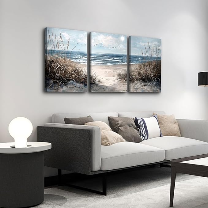 TTHYUEWS Wall Art For Living Room Wall Decor For Bedroom Modern Office Pictures Blue Sea Beach Posters Canvas Painting Wall Art Bathroom Seascape Prints Artwork Canvas Art Framed Ready to Hang 3pcs