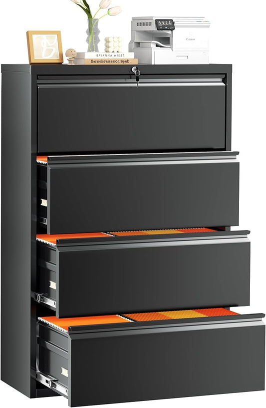INTERGREAT File Cabinet 4 Drawers, Black Metal Lateral Filing Cabinet for Home Office, Locking Horizontal File Cabinet for Hanging Files Letter/Legal/F4/A4