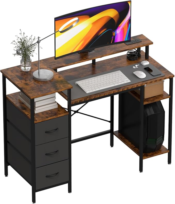 VINGLI 47 Inch L-Shaped Computer Desk, Small Computer Gaming Desk with Fabric Drawers & Storage Shelves, Charging Station, Monitor Stand for Home, Office, Brown