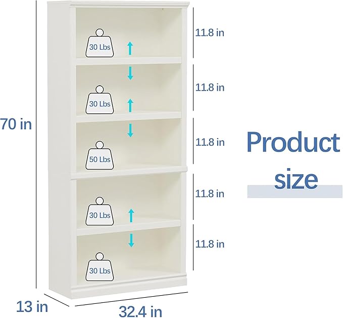 blini White Bookshelf and Bookcase Double Wide Large Bookshelves Wooden 5 Tier Tall Bookshelf with Storage Cabinets for Living Room, Home Office, Library (White, 5-Shelf)