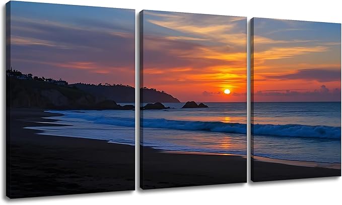 Nature Landscape Canvas Wall Art Sandy Beach at Dusk Posters Print Seaside Scenery Picture Painting for Modern Home Kitchen Bedroom Office Hotel Wall Decoration Artwork Ready to Hang [36''W x 16''H]