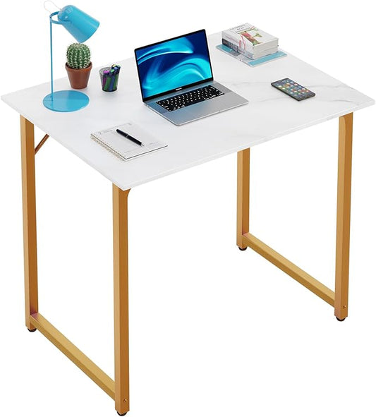 Dkelincs 32 Inch Small Computer Desk Home Office Desk Writing Desk Modern Simple Style Study Work Table with Metal Frame, Easy Assembly, Adjustable Feet, Water-Resistant, Scratchproof Surface, Gold