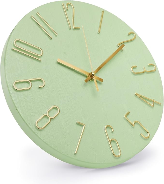 Wall Clock 12 Inch Silent Non-Ticking Imitation Wood Indoor Clock Round Green Decor Clock Modern 3D Figures Quartz Wall Clocks for Home, Hotel, Office, School
