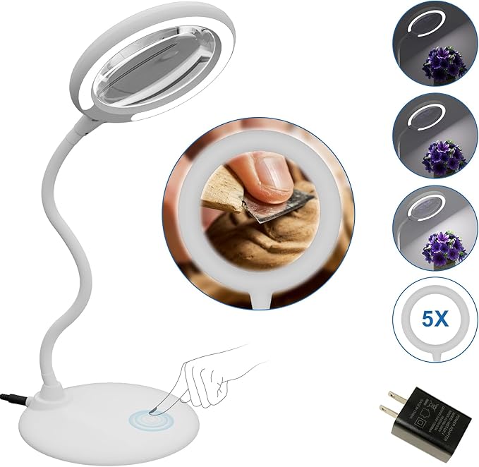 Magnifying Glass with Light and Stand, 5X Magnifying Lamp,Hands Free Desk Magnifying Glass,Desk Magnifiers with Light for Senior, Low Vision, Hobbies, Crafts