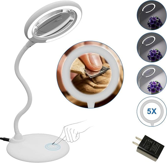 Magnifying Glass with Light and Stand, 5X Magnifying Lamp,Hands Free Desk Magnifying Glass,Desk Magnifiers with Light for Senior, Low Vision, Hobbies, Crafts