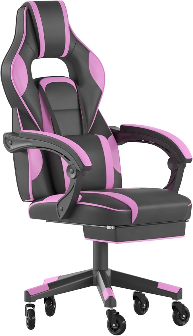 Flash Furniture X40 Gaming Chair Racing Computer Chair with Fully Reclining Back/Arms and Transparent Roller Wheels, Slide-Out Footrest, - Black/Purple