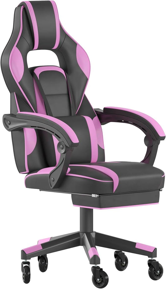 Flash Furniture X40 Gaming Chair Racing Computer Chair with Fully Reclining Back/Arms and Transparent Roller Wheels, Slide-Out Footrest, - Black/Purple