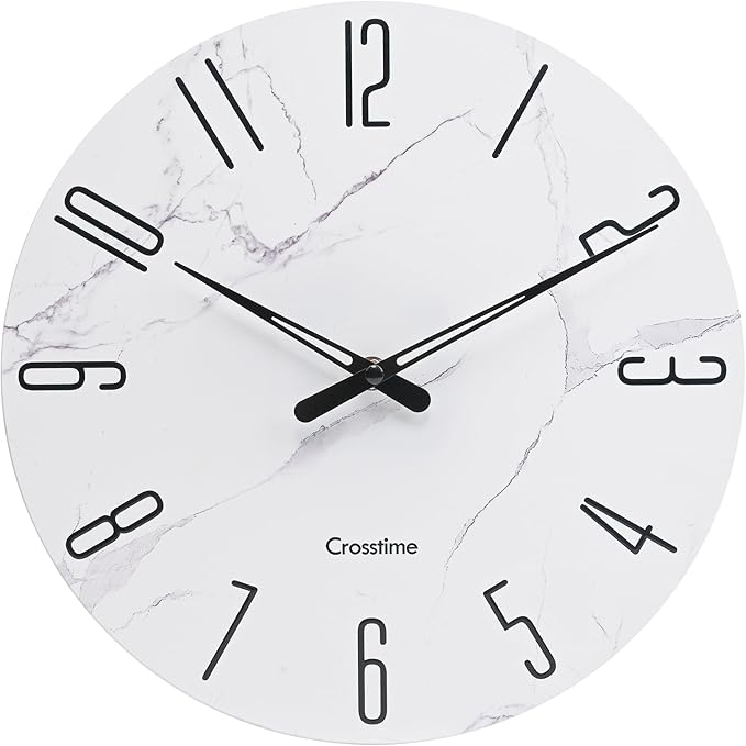 Glass Wall Clock White Marble Theme - 14" Battery Operated Silent Non-Ticking Quartz Modern Farmhouse Decor Round Clock for Home, Bathroom, Kitchen