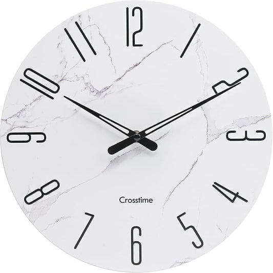 Glass Wall Clock White Marble Theme - 14" Battery Operated Silent Non-Ticking Quartz Modern Farmhouse Decor Round Clock for Home, Bathroom, Kitchen