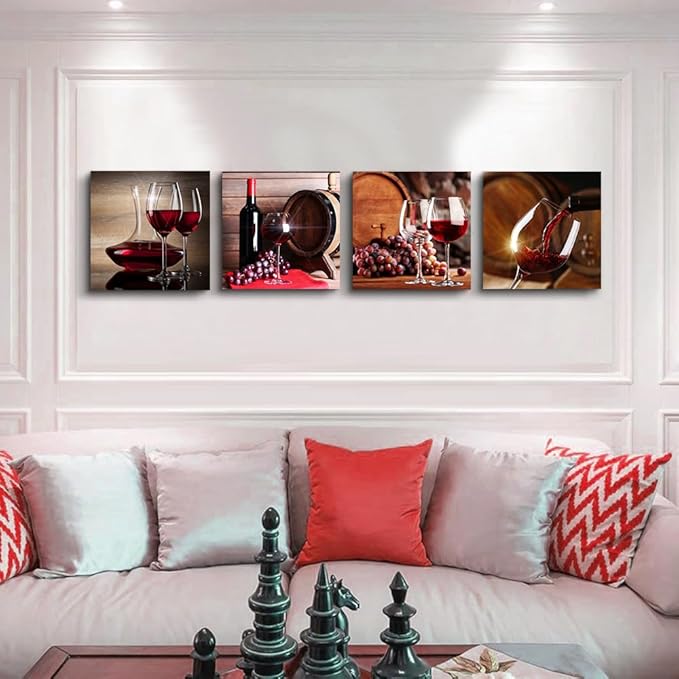 Lapremoly Canvas Wall Art For Kitchen Dining Room Wall Decor Print Artwork Wine Glass Wall Painting Modern Still Life Frame Wall Pictures Bar Restaurant Vintage Home Decor Ready to Hang 4 Piece Set