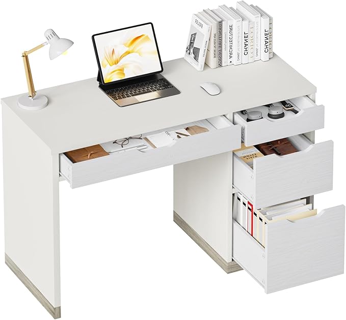 White Desk with Drawers, 48 Inch Small Computer Desk with 4 Storage Drawers for Small Space, Home Office Desk for Bedroom with Storage File Drawer