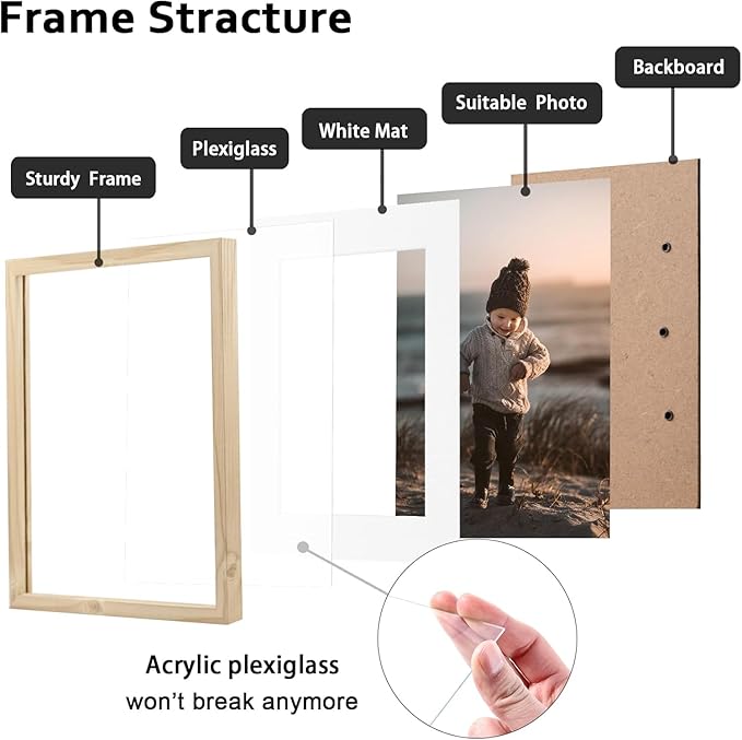 KINLINK 12x16 Picture Frame Wood Grain, 16x12 Photo Frames with Plexiglass for 11x14 Picture with Mat or 12x16 Without Mat, Perfect for Art Wall Gallery and Tabletop Display 12 x 16 frame Set of 6